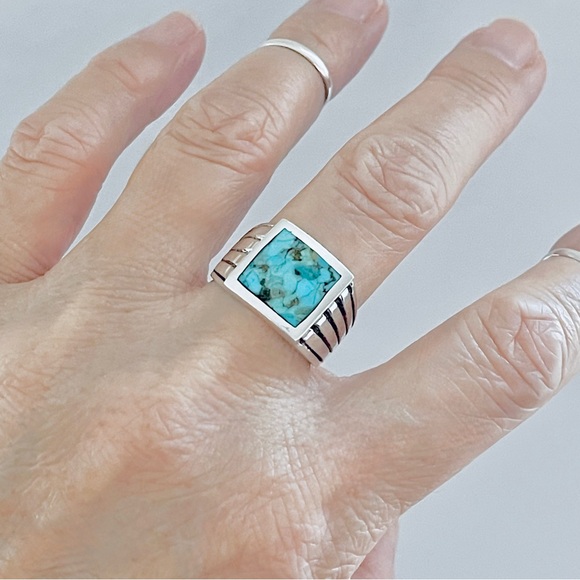 Sterling Silver Heavy Unisex Genuine Turquoise Ring, Statement Stone Rings - Picture 11 of 14